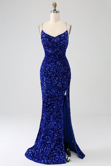 Sparkly Royal Blue Mermaid Spaghetti Straps Sequin Long Ball Dress With Split